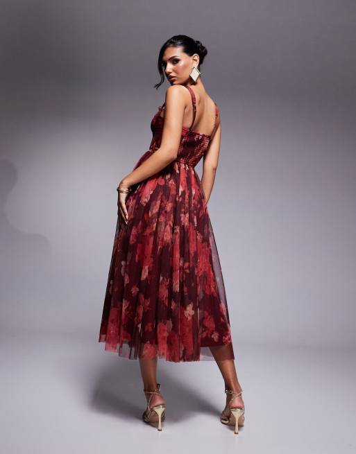Lace & Beads - Vestito con gonna al polpaccio e corsetto in tulle rosso e rosa, 4 di 4
