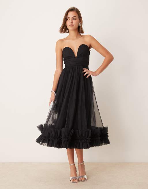 Lace & Beads - Vestito con gonna al polpaccio in tulle con volant sul fondo e dettaglio stile corsetto nero