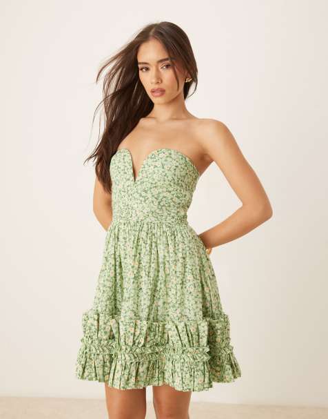 Lace & Beads - Vestito corto a fascia in cotone verde a fiorellini con fondo a volant - view 1