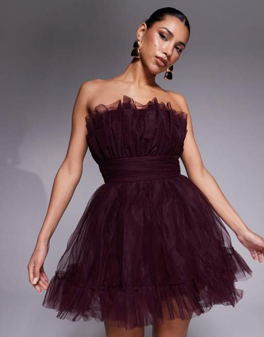 Lace & Beads - Vestito corto a fascia in tulle strutturato color prugna