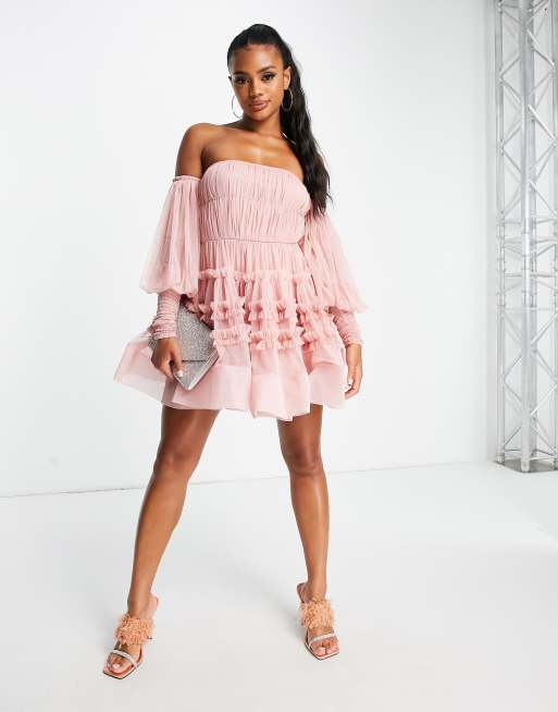 Lace & Beads - Vestito corto con spalle scoperte in tulle rosa vivo