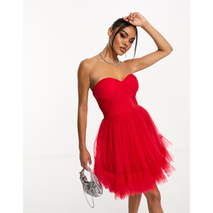 Offerta! 0590 ABITO ROSSO MULTISTRATO IN TULLE CORTO DAVANTI CON CODA DIETRO