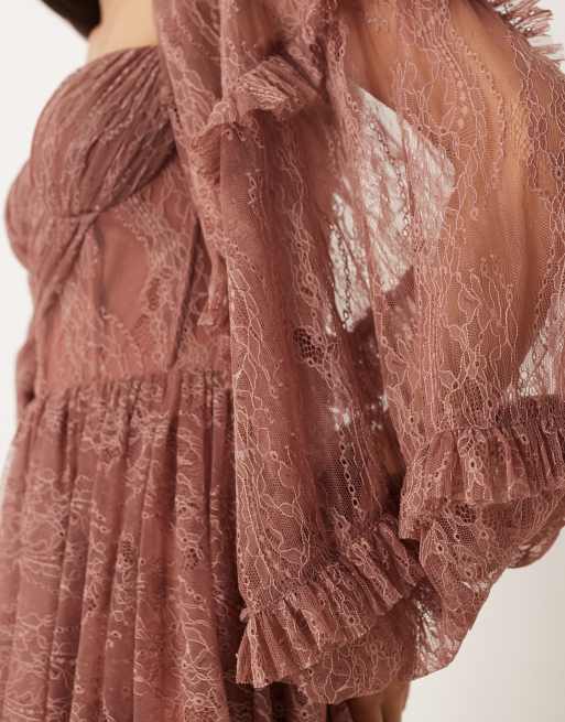 Lace & Beads - Vestito corto in pizzo marrone rosato con volant e maniche a palloncino, 3 di 4