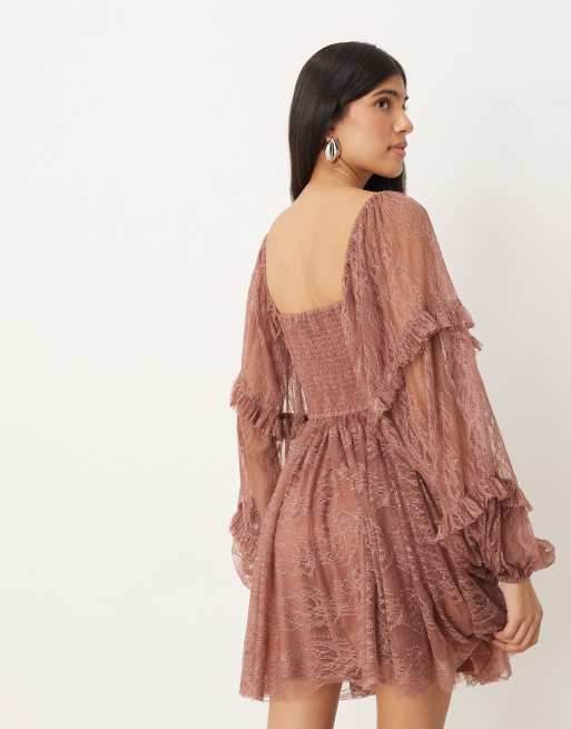 Lace & Beads - Vestito corto in pizzo marrone rosato con volant e maniche a palloncino, 4 di 4