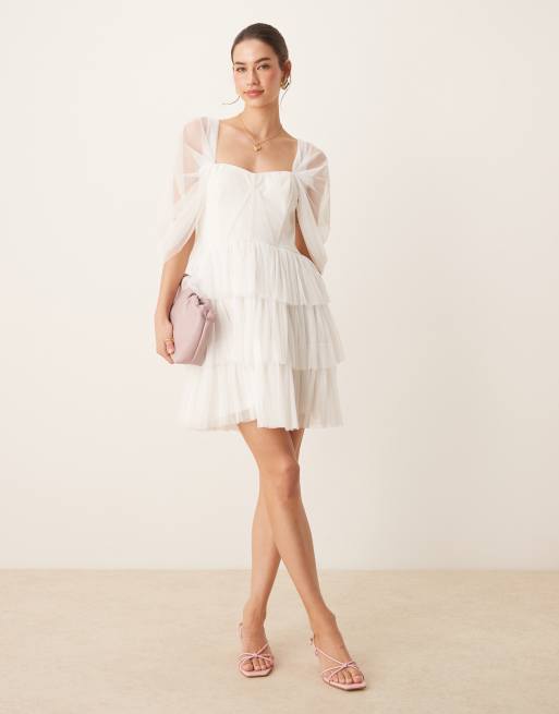 Lace & Beads - Vestito corto in tulle avorio stile corsetto con spalle scoperte