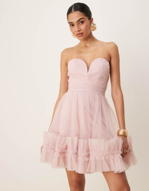 Lace & Beads - Vestito corto in tulle rosa confetto con volant sul fondo e scollo a cuore - view 1