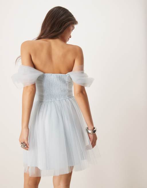 Lace & Beads - Vestito corto in tutte color azzurro cielo con spalle scoperte