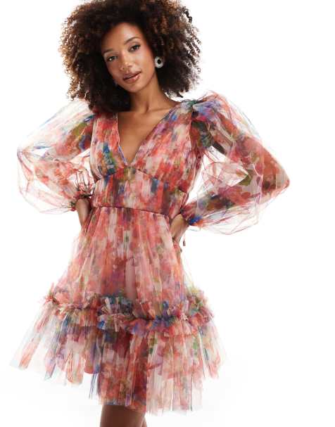 Lace & Beads - Vestito corto rosso a fiori in organza con maniche a palloncino - view 1
