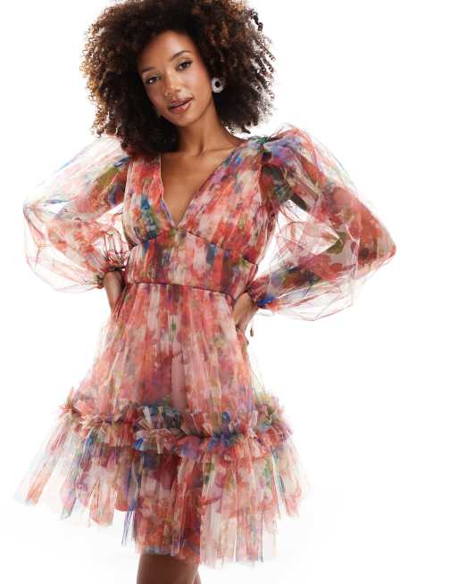 Lace & Beads - Vestito corto rosso a fiori in organza con maniche a palloncino