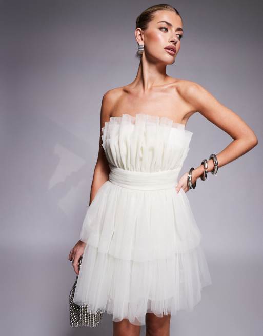 Lace & Beads - Vestito corto strutturato a balze color avorio