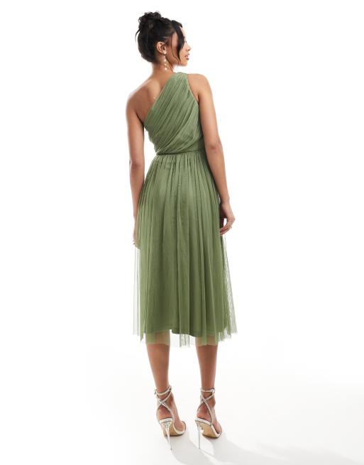 Lace & Beads - Vestito da damigella midi monospalla in tulle oliva tenue, 3 di 4