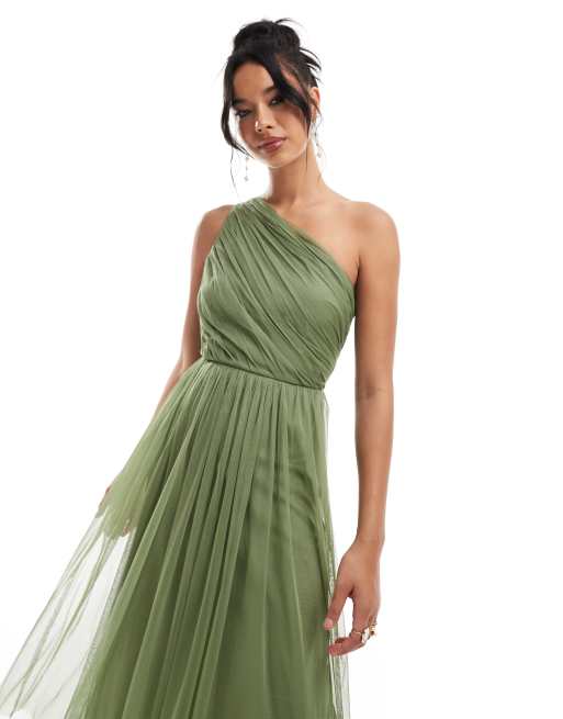 Lace & Beads - Vestito da damigella midi monospalla in tulle oliva tenue, 4 di 4