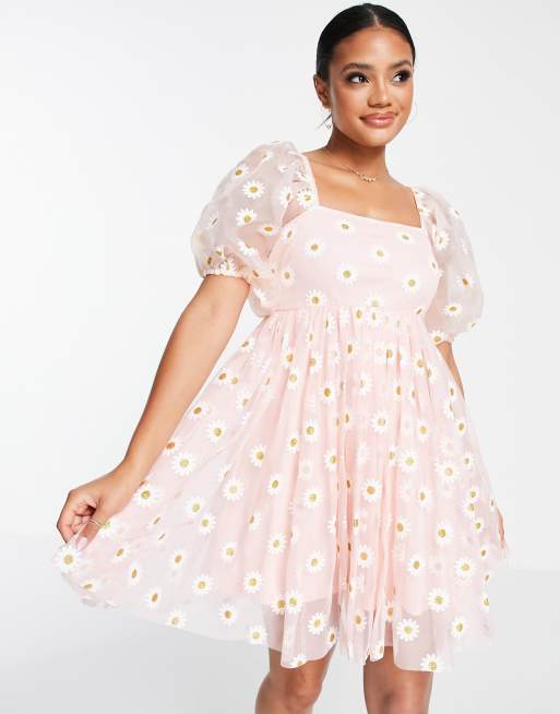 Lace & Beads - Vestito grembiule corto in tulle rosa con stampa di margherite, 4 di 4
