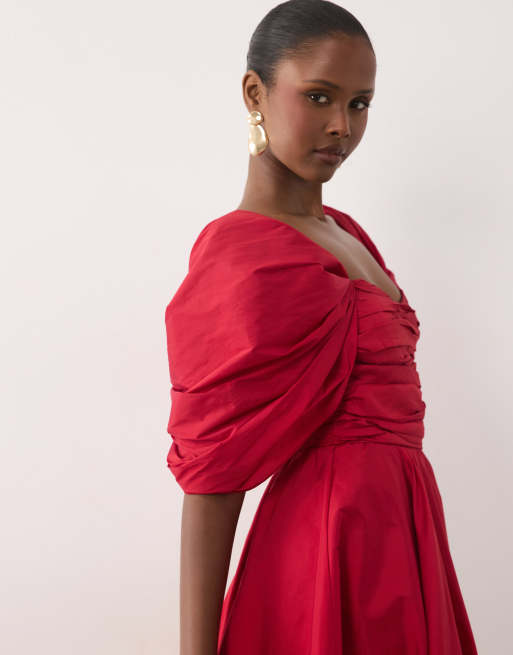 Lace & Beads - Vestito in taffetà rosso con maniche a sbuffo e scollo a cuore, 4 di 4