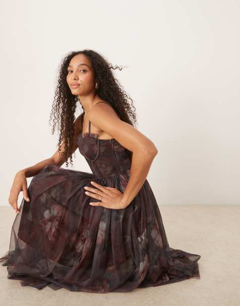 Lace & Beads - Vestito in tulle color prugna sfocato con gonna al polpaccio e corsetto - view 1
