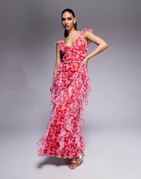 Lace & Beads - Vestito in tulle rosso e rosa a fiori con volant e gonna al polpaccio - view 1