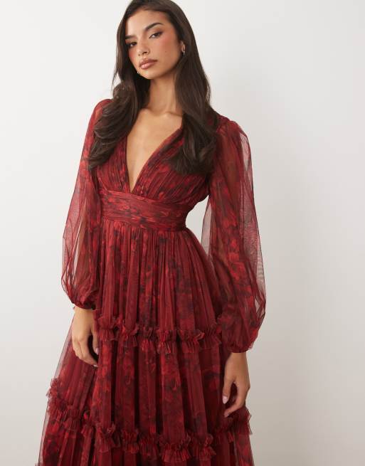Lace & Beads - Vestito lungo a balze in tulle trasparente con maniche a palloncino, scollo profondo e stampa floreale, 4 di 4