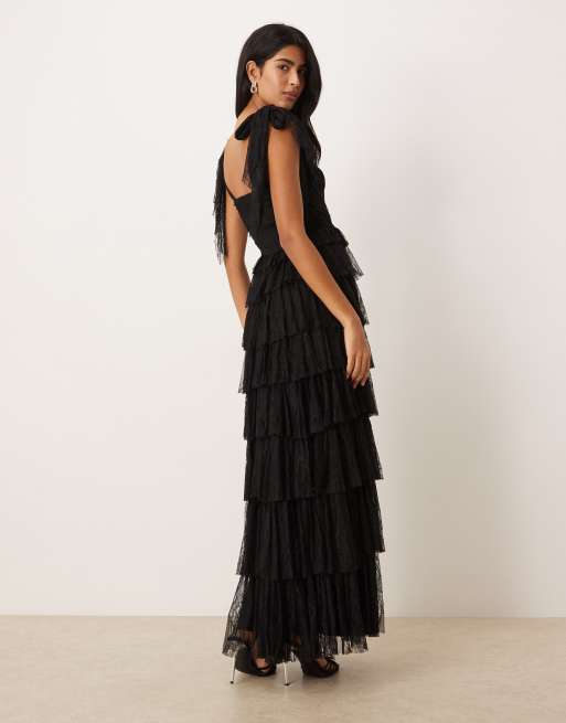 Lace & Beads - Vestito lungo a balze nero in pizzo con fiocchi sulle spalle, 4 di 4