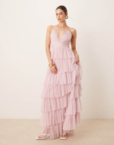 Lace & Beads - Vestito lungo a canottiera in tulle a balze rosa polvere con finiture in pizzo - view 1