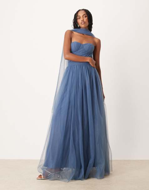 Lace & Beads - Vestito lungo a corsetto in tulle blu etereo con sciarpa sul collo - view 1