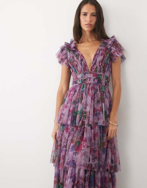 Lace & Beads vestito lungo a strati in tulle con volant sulle spalle e scollo profondo, floreale viola, 3 di 4