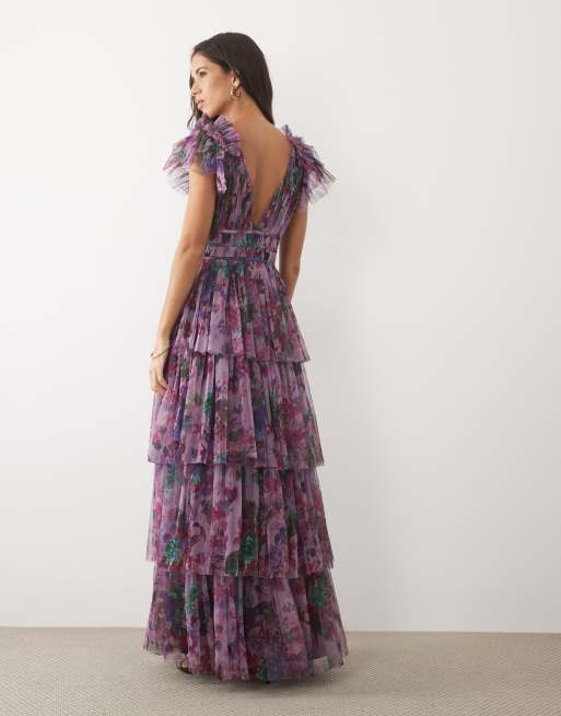 Lace & Beads vestito lungo a strati in tulle con volant sulle spalle e scollo profondo, floreale viola, 4 di 4