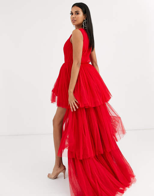 Lace & Beads - Vestito lungo a strati in tulle rosso acceso