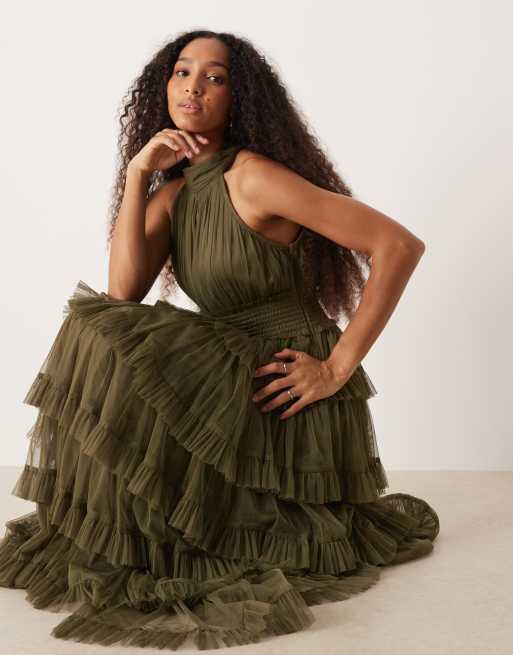Lace & Beads - Vestito lungo accollato verde oliva in tulle a balze, 2 di 4