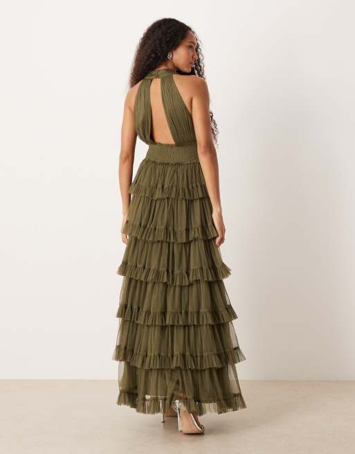 Lace & Beads - Vestito lungo accollato verde oliva in tulle a balze, 4 di 4