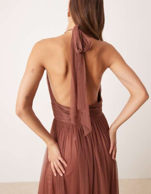 Lace & Beads - Vestito lungo allacciato al collo marrone rosato, 2 di 4