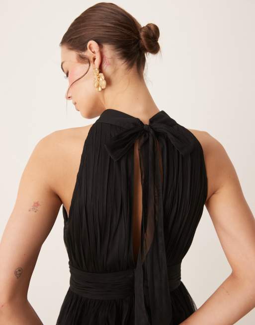 Lace & Beads - Vestito lungo allacciato al collo nero con gonna in tulle trasparente, 2 di 4