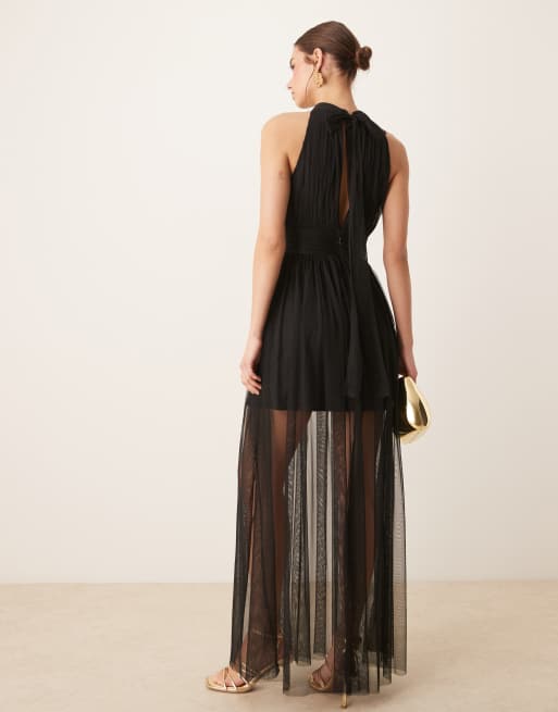 Lace & Beads - Vestito lungo allacciato al collo nero con gonna in tulle trasparente, 3 di 4