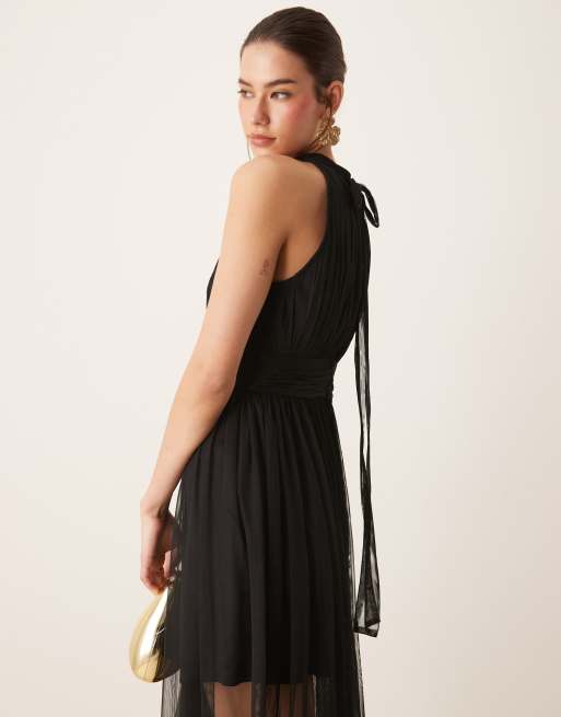Lace & Beads - Vestito lungo allacciato al collo nero con gonna in tulle trasparente, 4 di 4