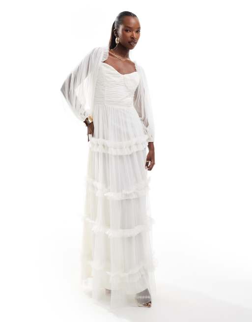 Lace & Beads - Vestito lungo avorio con volant e maniche lunghe