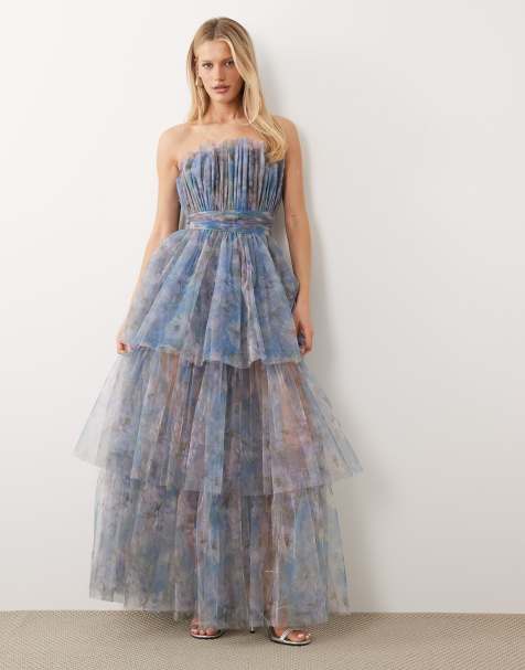 Lace & Beads vestito lungo bandeau con gonna a balze in tulle e stampa floreale blu - view 1