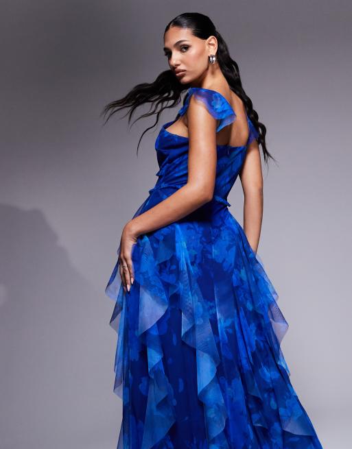 Lace & Beads - Vestito lungo blu cobalto a fiori in tulle con volant, 2 di 4