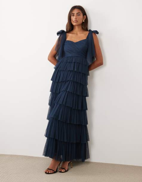 Lace & Beads - Vestito lungo blu navy con spalle con fiocco e volant - view 1