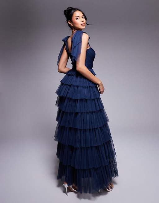 Lace Beads Vestito lungo blu navy notte con volant e fiocchi