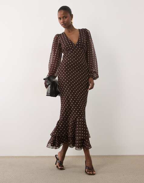 Lace & Beads - Vestito lungo color crema a pois con scollo a V, maniche a palloncino e volant sul fondo - view 1