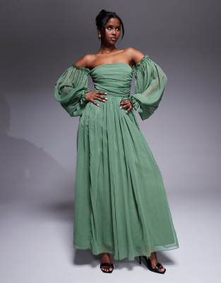 Dione Espejismo Encaje Y Gasa Vestido Con Apertura Verde Oliva