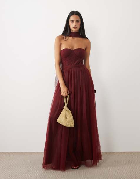 Lace & Beads vestito lungo corsetto in tulle con scollo a fascia e foulard, bordeaux - view 1