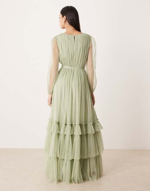 Lace & Beads - Vestito lungo da cerimonia girocollo a balze verde salvia con maniche trasparenti, 2 di 4