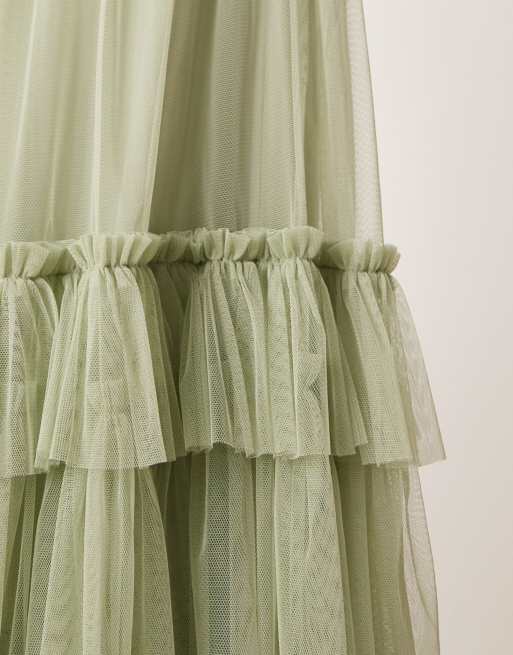 Lace & Beads - Vestito lungo da cerimonia girocollo a balze verde salvia con maniche trasparenti, 3 di 4