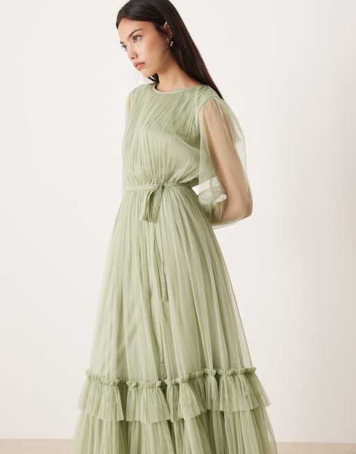 Lace & Beads - Vestito lungo da cerimonia girocollo a balze verde salvia con maniche trasparenti, 4 di 4