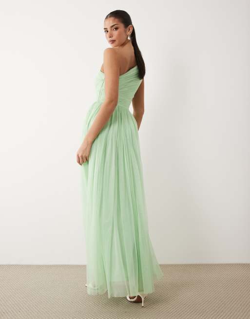 Lace & Beads - Vestito lungo da cerimonia monospalla in tulle verde salvia chiaro con vita aderente, 4 di 4