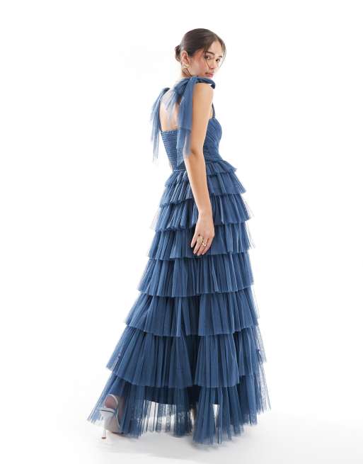 Lace & Beads - Vestito lungo da damigella in tulle blu intenso con fiocchi sulle spalle, 4 di 4