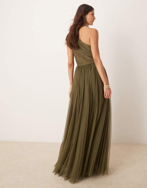 Lace & Beads - Vestito lungo da damigella in tulle verde oliva intenso monospalla, 4 di 4