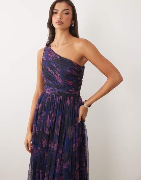 Lace & Beads - Vestito lungo da damigella monospalla blu scuro a fiori con scollo a sciarpa - view 1