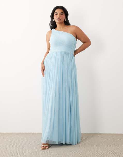 Lace & Beads - Vestito lungo da damigella monospalla in tulle blu tenue con vita aderente - view 1
