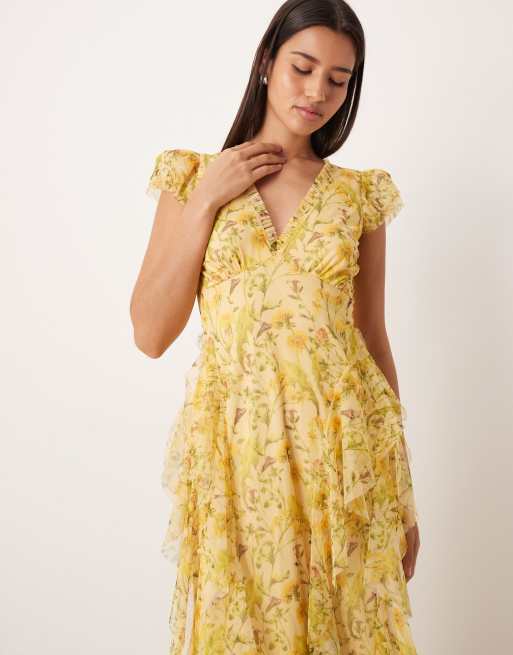 Lace & Beads - Vestito lungo giallo a fiori in tulle con scollo a V e volant, 2 di 4